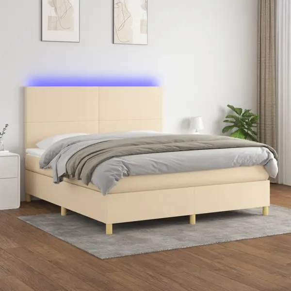 Gossi pat cu arcuri, saltea si led, crem, 160x200 cm, textil