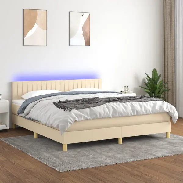 Gossi pat cu arcuri, saltea si led, crem, 160x200 cm, textil