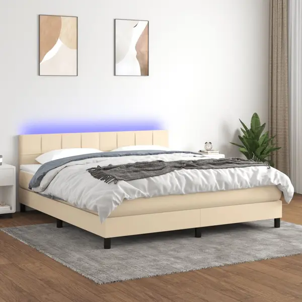 Gossi pat cu arcuri, saltea si led, crem, 180x200 cm, textil