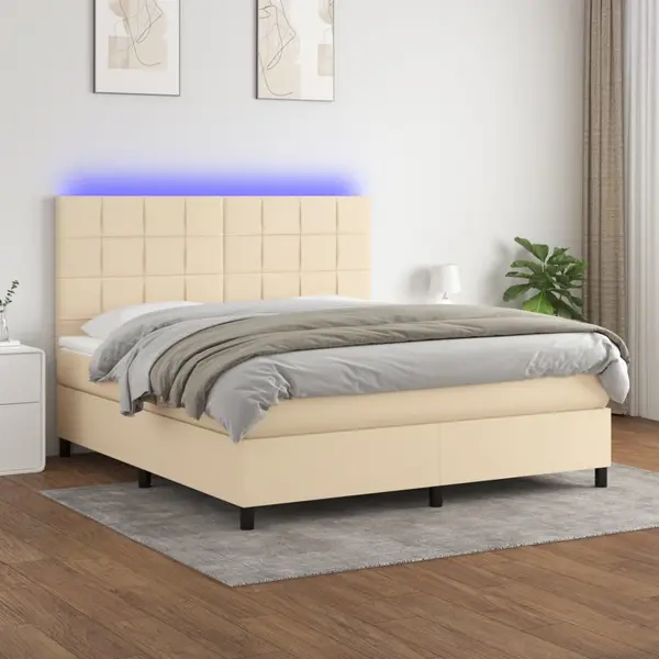 Gossi pat cu arcuri, saltea si led, crem, 180x200 cm, textil