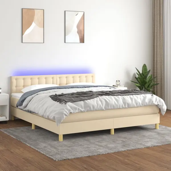 Gossi pat cu arcuri, saltea si led, crem, 180x200 cm, textil