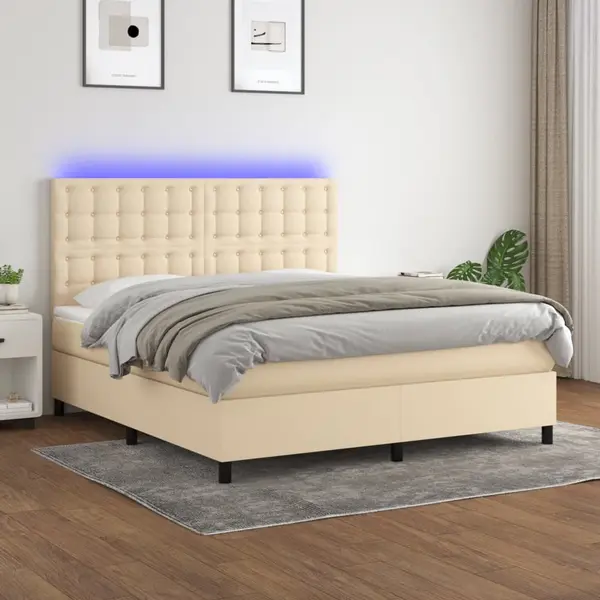 Gossi pat cu arcuri, saltea si led, crem, 180x200 cm, textil