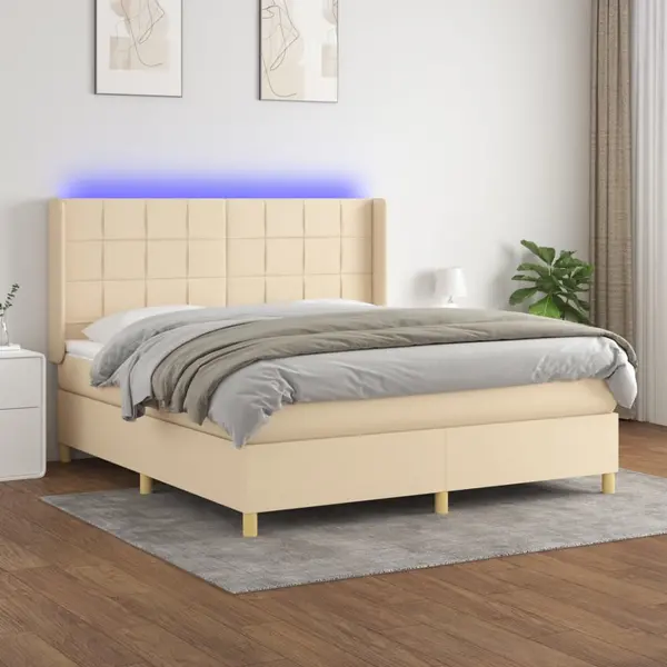Gossi pat cu arcuri, saltea si led, crem, 180x200 cm, textil