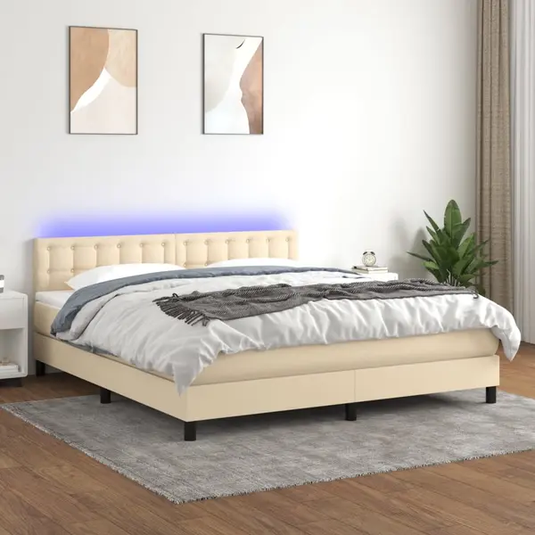 Gossi pat cu arcuri, saltea si led, crem, 180x200 cm, textil