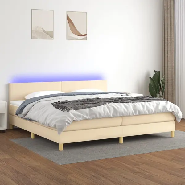 Gossi pat cu arcuri, saltea si led, crem, 200x200 cm, textil
