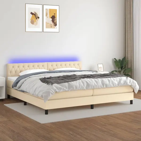 Gossi pat cu arcuri, saltea si led, crem, 200x200 cm, textil