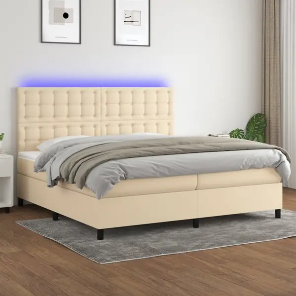 Gossi pat cu arcuri, saltea si led, crem, 200x200 cm, textil