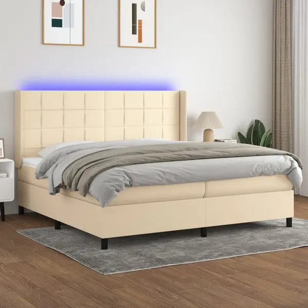 Gossi pat cu arcuri, saltea si led, crem, 200x200 cm, textil