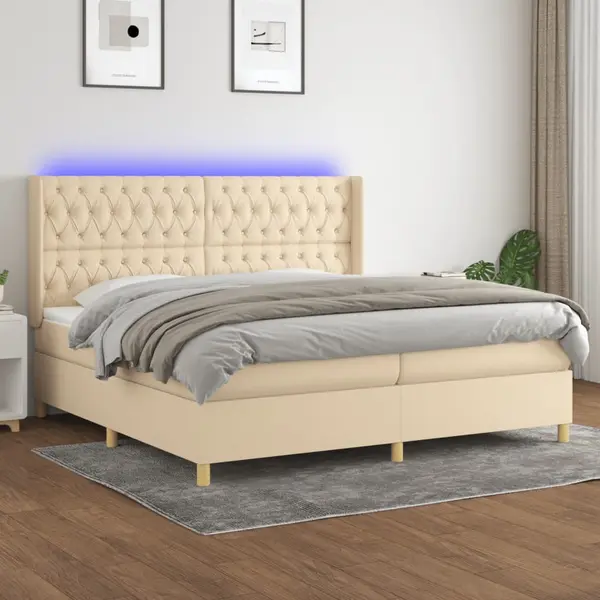Gossi pat cu arcuri, saltea si led, crem, 200x200 cm, textil