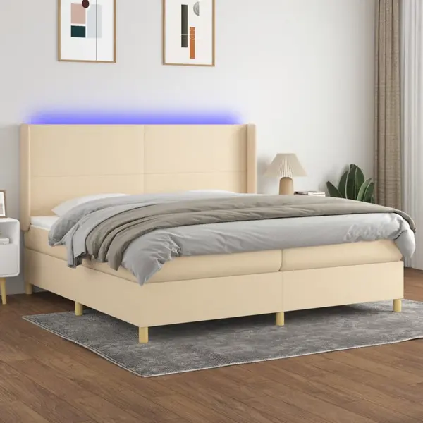 Gossi pat cu arcuri, saltea si led, crem, 200x200 cm, textil