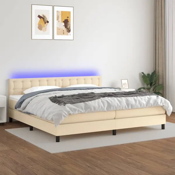 Gossi pat cu arcuri, saltea si led, crem, 200x200 cm, textil