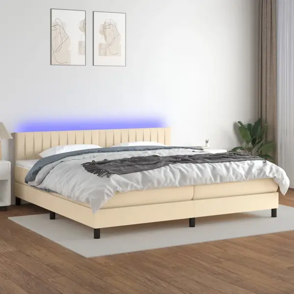 Gossi pat cu arcuri, saltea si led, crem, 200x200 cm, textil