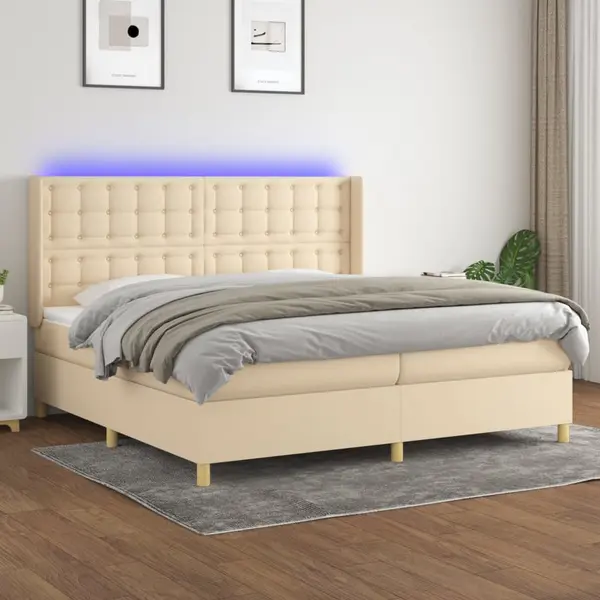 Gossi pat cu arcuri, saltea si led, crem, 200x200 cm, textil