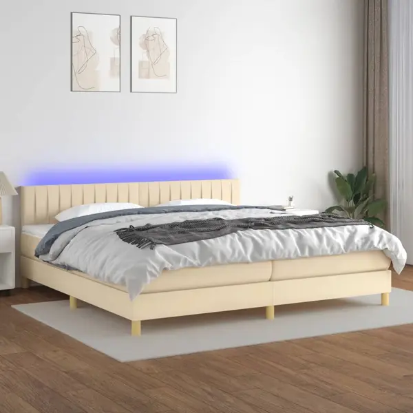 Gossi pat cu arcuri, saltea si led, crem, 200x200 cm, textil