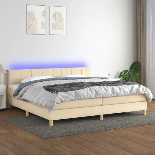 Gossi pat cu arcuri, saltea si led, crem, 200x200 cm, textil