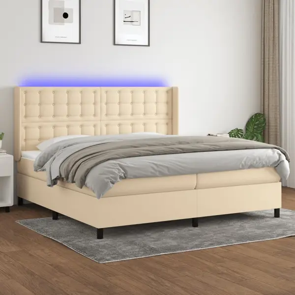 Gossi pat cu arcuri, saltea si led, crem, 200x200 cm, textil