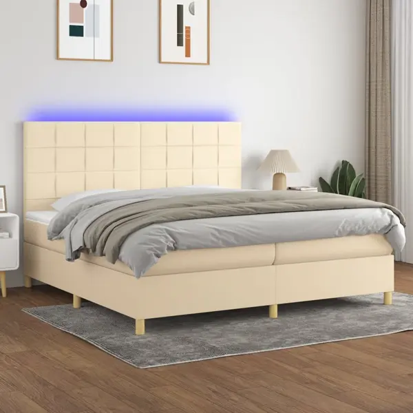 Gossi pat cu arcuri, saltea si led, crem, 200x200 cm, textil