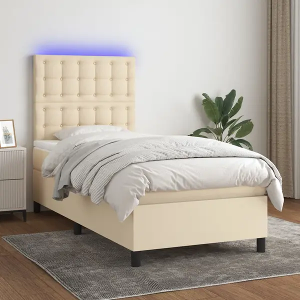 Gossi pat cu arcuri, saltea si led, crem, 80x200 cm, textil