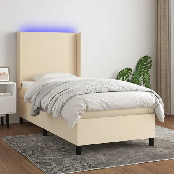 Gossi pat cu arcuri, saltea si led, crem, 80x200 cm, textil
