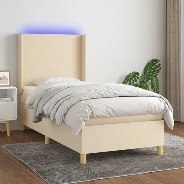 Gossi pat cu arcuri, saltea si led, crem, 90x200 cm, textil