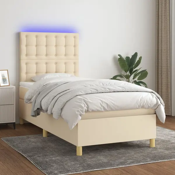 Gossi pat cu arcuri, saltea si led, crem, 90x200 cm, textil