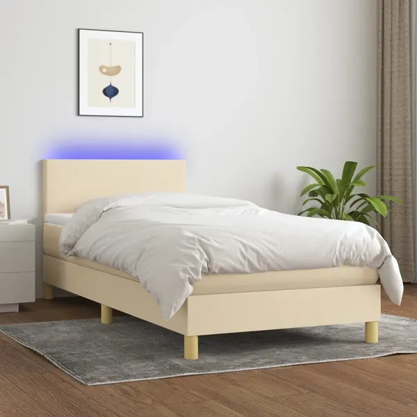 Gossi pat cu arcuri, saltea si led, crem, 90x200 cm, textil