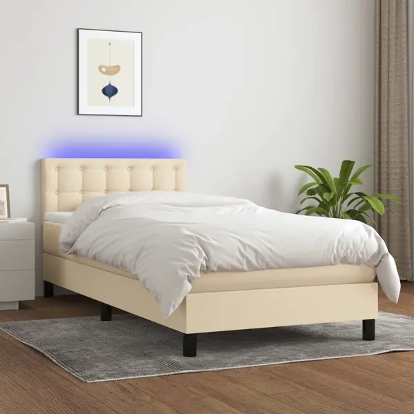 Gossi pat cu arcuri, saltea si led, crem, 90x200 cm, textil