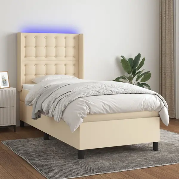 Gossi pat cu arcuri, saltea si led, crem, 90x200 cm, textil