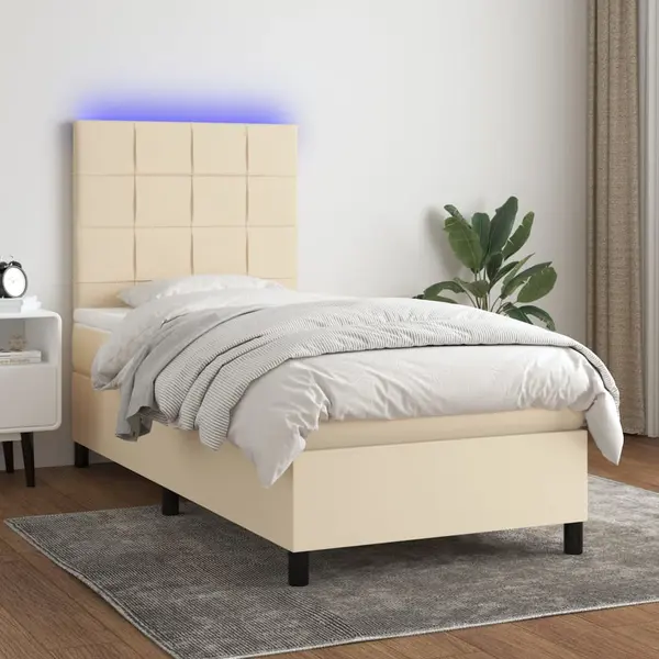 Gossi pat cu arcuri, saltea si led, crem, 90x200 cm, textil