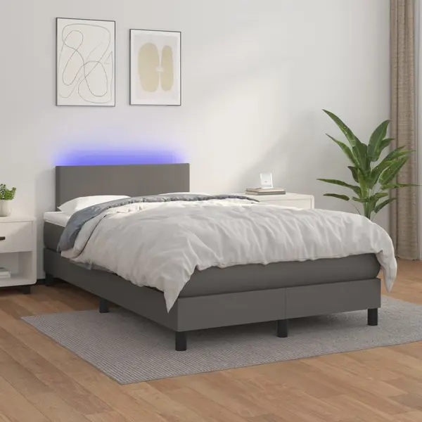 Gossi pat cu arcuri, saltea si led, gri, 120x200 cm, piele ecologica
