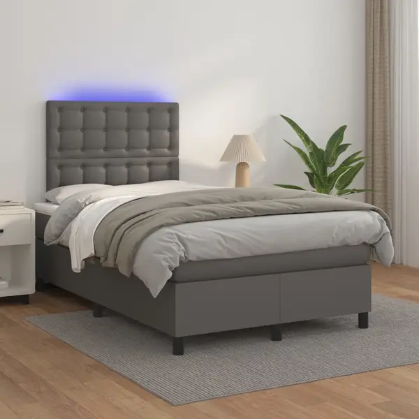 Gossi pat cu arcuri, saltea si led, gri, 120x200 cm, piele ecologica