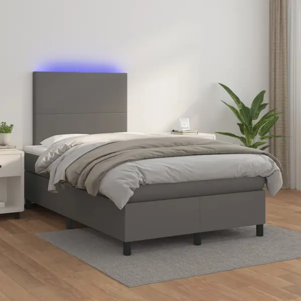 Gossi pat cu arcuri, saltea si led, gri, 120x200 cm, piele ecologica