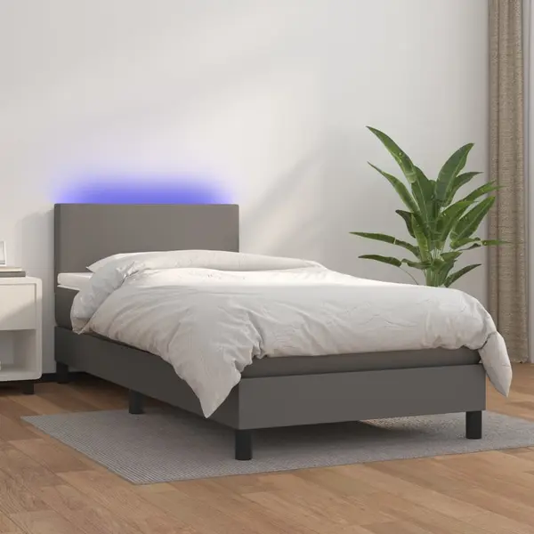 Gossi pat cu arcuri, saltea si led, gri, 90x200 cm, piele ecologica
