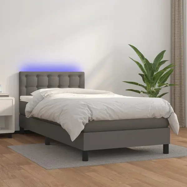 Gossi pat cu arcuri, saltea si led, gri, 90x200 cm, piele ecologica