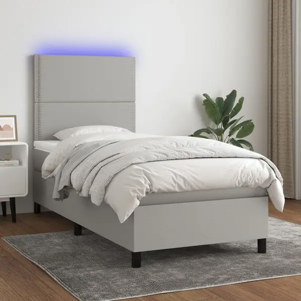 Gossi pat cu arcuri, saltea si led, gri deschis, 100x200 cm, textil