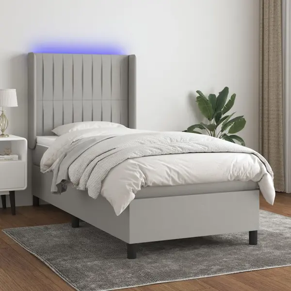 Gossi pat cu arcuri, saltea si led, gri deschis, 100x200 cm, textil