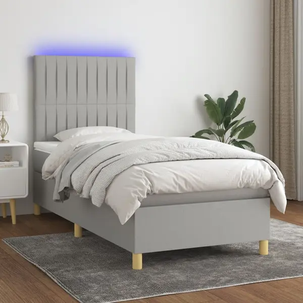Gossi pat cu arcuri, saltea si led, gri deschis, 100x200 cm, textil