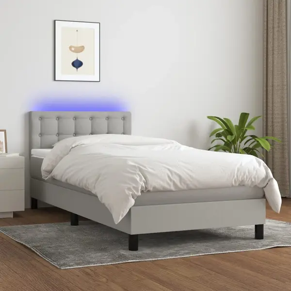 Gossi pat cu arcuri, saltea si led, gri deschis, 100x200 cm, textil