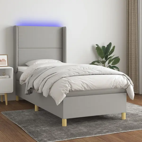 Gossi pat cu arcuri, saltea si led, gri deschis, 100x200 cm, textil