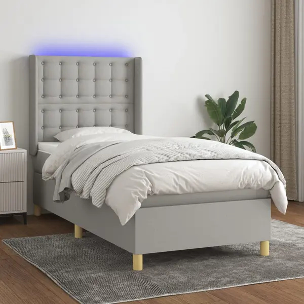 Gossi pat cu arcuri, saltea si led, gri deschis, 100x200 cm, textil