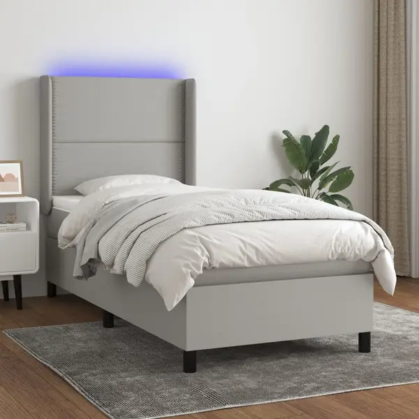 Gossi pat cu arcuri, saltea si led, gri deschis, 100x200 cm, textil