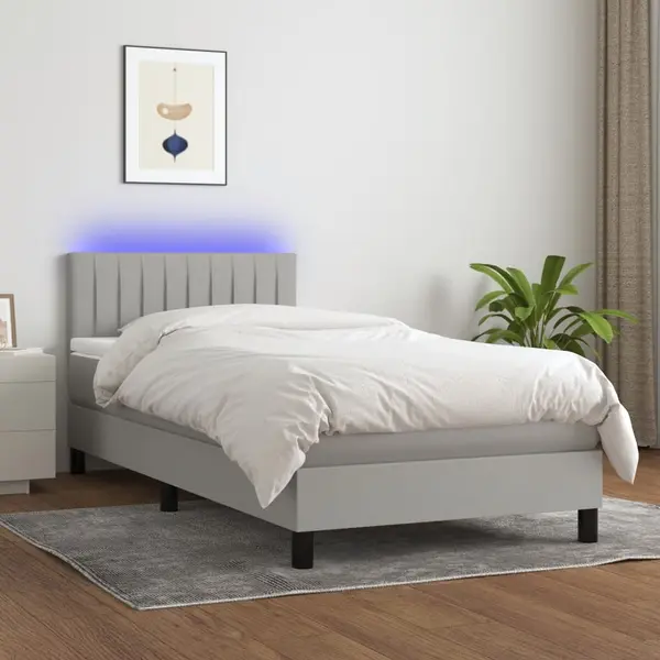 Gossi pat cu arcuri, saltea si led, gri deschis, 100x200 cm, textil