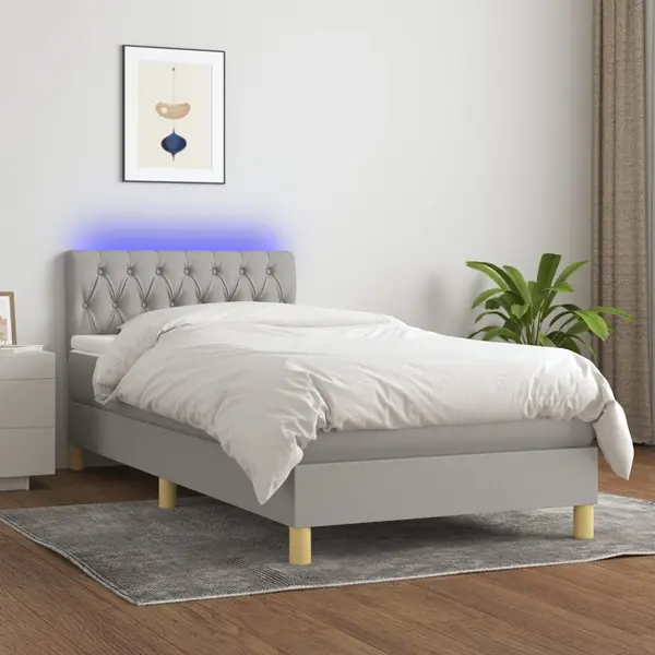 Gossi pat cu arcuri, saltea si led, gri deschis, 100x200 cm, textil
