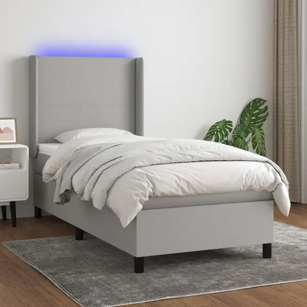 Gossi pat cu arcuri, saltea si led, gri deschis, 100x200 cm, textil