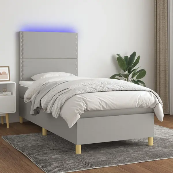 Gossi pat cu arcuri, saltea si led, gri deschis, 100x200 cm, textil