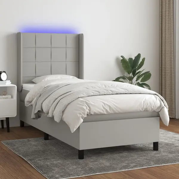 Gossi pat cu arcuri, saltea si led, gri deschis, 100x200 cm, textil