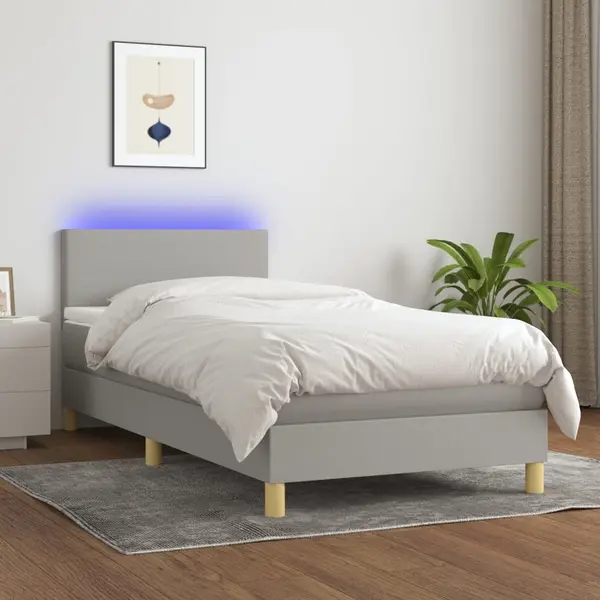 Gossi pat cu arcuri, saltea si led, gri deschis, 100x200 cm, textil