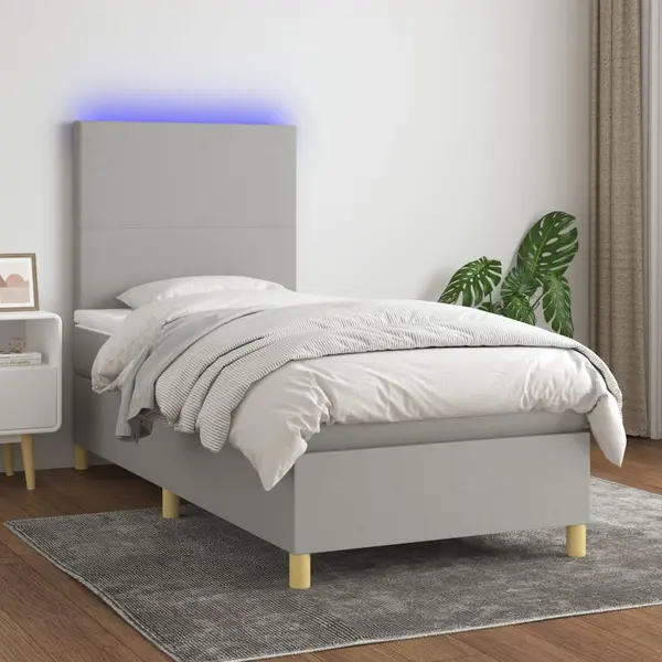 Gossi pat cu arcuri, saltea si led, gri deschis, 100x200 cm, textil