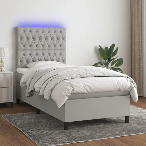 Gossi pat cu arcuri, saltea si led, gri deschis, 100x200 cm, textil