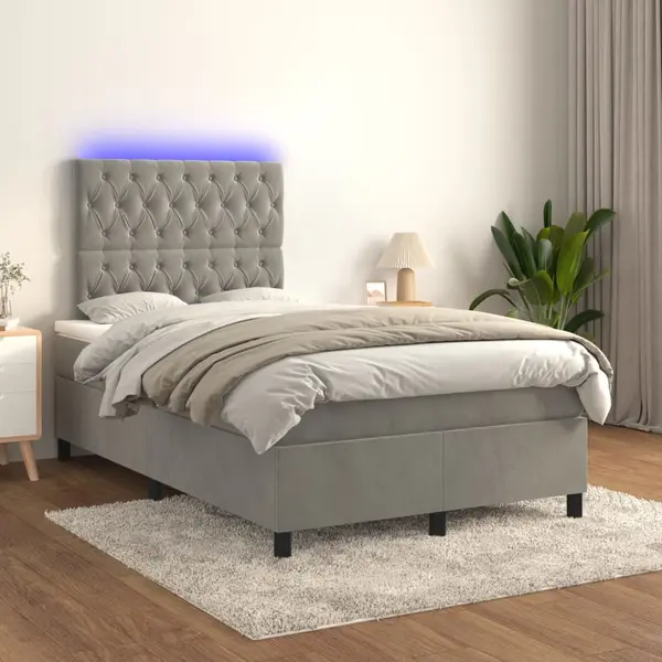 Gossi pat cu arcuri, saltea si led, gri deschis, 120x200 cm, catifea